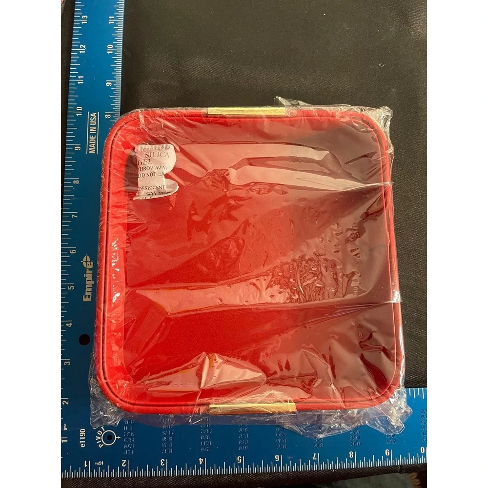 Sanzie Red Faux Leather Square Valet Tray Gold Snowflake Catchall Organizer 7x7‎